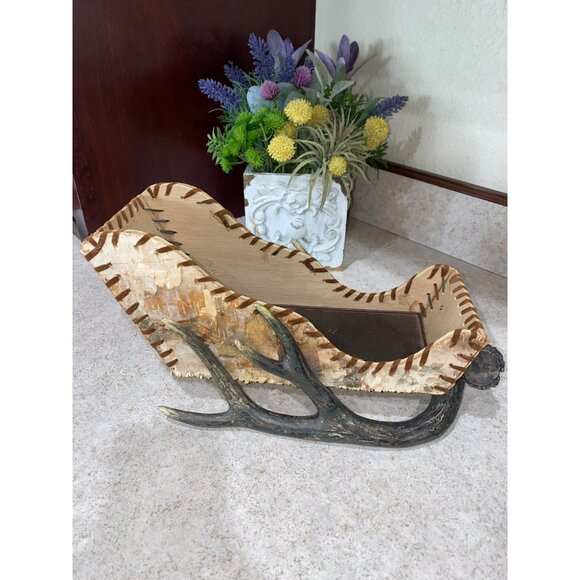 Rustic Handmade Antler & Birch Wood Decorative Sleigh Centerpiece 12.5"x6"x4.25" - Picture 3 of 7